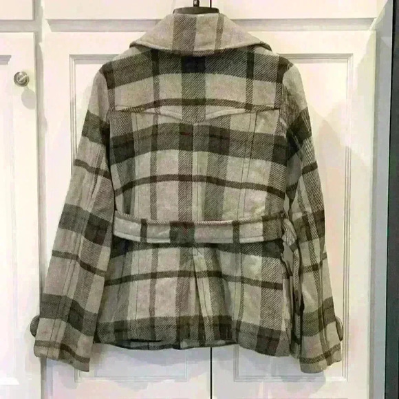 American Eagle Women's Pea Coat  S/P Small Gray Plaid Wool Blend Belt - Picture 2 of 4